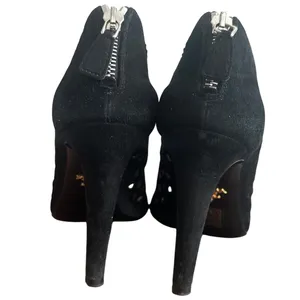 Prada Black Suede Laser Cut Peep Toe Ankle Booties Italy EU 38 US 7.5-8 thumbnail 5