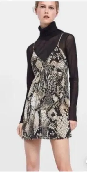 🖤 ZARA Woman Snakeskin Print Mini Dress Tie Back Adjustable Straps Sz XS🖤 thumbnail 12