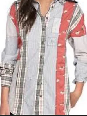 Free People women’s “All Patched up”Striped Panel Button-Down Shirt Sz S thumbnail 1