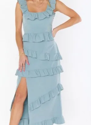 Show Me Your Mumu Greta Dress Women XS Sage-Blue Ruffle Tiered‎ Maxi Slit thumbnail 1