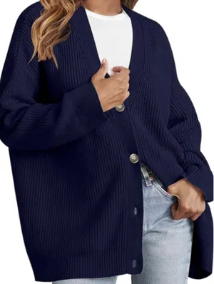 MEROKEETY Classic Navy Ribbed V-Neck Cardigan thumbnail 1