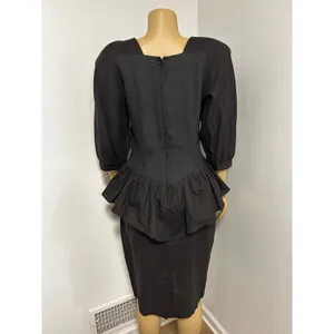Vintage Moonglow Black Ramie Cotton Peplum Dress Floral Eyelet Embroidered L thumbnail 6