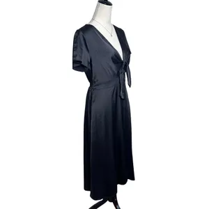 Baltic Born Poppy Satin Midi Dress Black Short Sleeve Tie Front‎ V-Neck Medium thumbnail 3