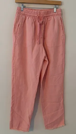 ZARA Linen Blend Smocked Waist Raw Hem Straight Leg Trousers Peach Womens Size M thumbnail 1