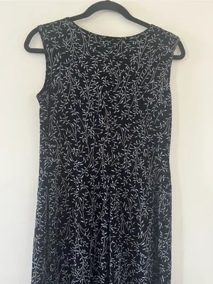 Vintage 90s Black Blue Floral Botanical Embroidered Midi Dress 6 Resort Tropical thumbnail 7