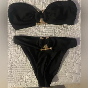 Black Hammered Trim Bandeau Bikini Top And Bottom Us M thumbnail 6
