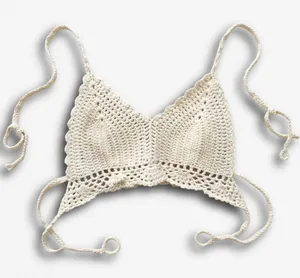 Handmade Crochet Bralette Top Cream Boho Festival One Size XS S Ivory Tie Back‎ thumbnail 1