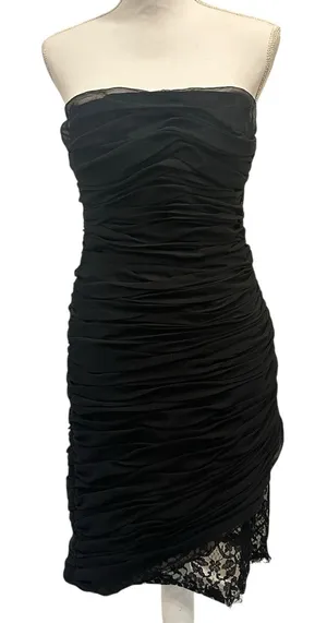 Victor Costa Vintage 1980s Black Ruched Strapless Lace Hem Gothic Cocktail‎ Sz 6 thumbnail 1