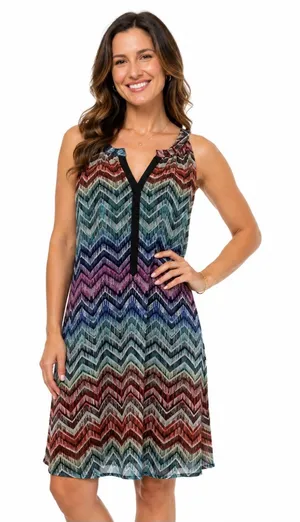Tacera Multicolor Chevron Sleeveless V-Neck Lined Summer Dress Size XL NEW thumbnail 1
