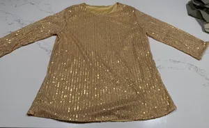 NEW Gold Sequins 3/4 Sleeve Vneck Lined Blouse Top L thumbnail 1