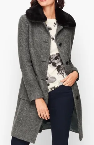 TALBOTS Boucle Wool Blend Coat Grey Faux Fur size Small Petite‎ thumbnail 1