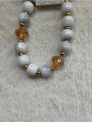 White Beaded Necklace with Gold and Amber Accents thumbnail 3