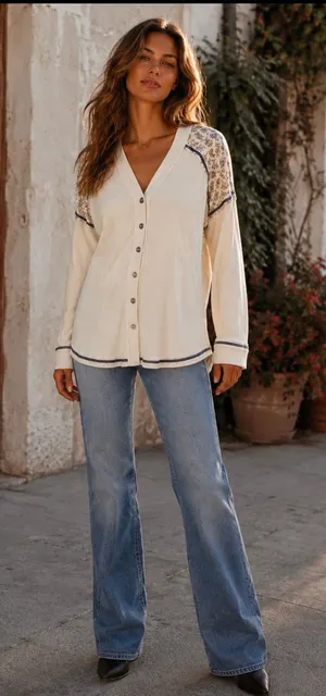 POL Anthropologie Cream Button-Front Long Sleeve Tee NWOT thumbnail 1