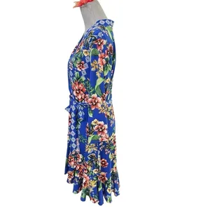 Eci New York Dress Womens Blue Midi Floral Wrap Floral Ladies size L thumbnail 5