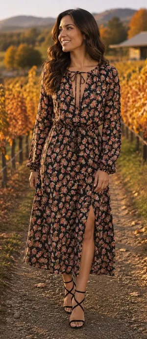 Reformation Floral Midi Dress Tie Neck Long‎ Sleeve Slit Black Size 0 thumbnail 1