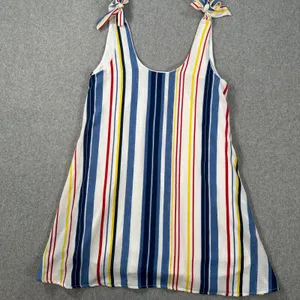 Pants Store Striped Mini Dress Women's Medium Tie Shoulder Scoop Neck Swing Blue thumbnail 1