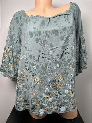 Maurices XL Blouse Womens Boho Green Floral Stretch‎ Neckline Off Shoulder thumbnail 1