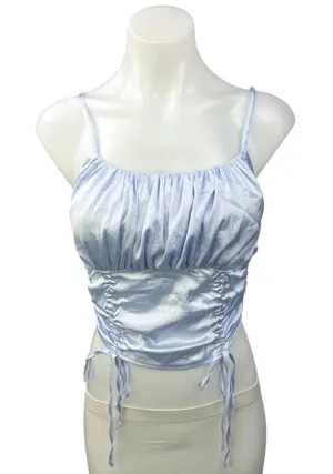 Idem Ditto Blue Silk Satin Sleeveless Smocked Ruched Cami Crop Top Size S thumbnail 1
