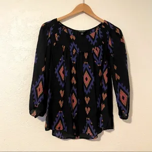 Lucky Brand Amelia Geometric Print Peasant Top SZ Medium‎ Black Blue Boho​ Aztec thumbnail 2
