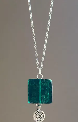 Handmade hippie funky fairy boho style green square glass bead & Swirl charm unisex necklace🟩🌳🍃🌀 thumbnail 4