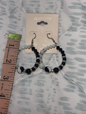 Beaded hoop earrings, Blossom brand, black and white yin yang design with silver accents thumbnail 3