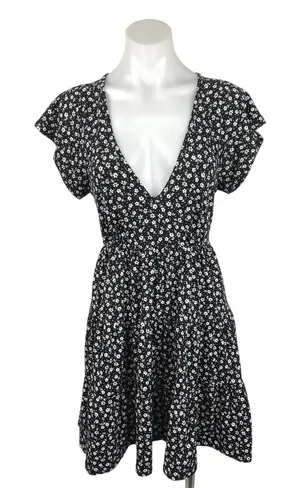 Urban Outfitters Julia Ruffle Black Floral Flutter Sleeve Tiered Mini Dress Sz S thumbnail 1