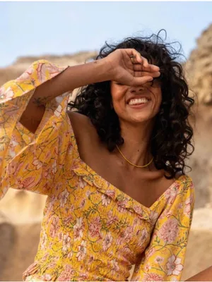 Billabong Yellow Floral Smocked Puff-Sleeve Crop Top thumbnail 1