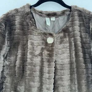 Tacera Faux Fur Jacket Women XL Brown Cropped Rhinestone Button Lined Glam thumbnail 3