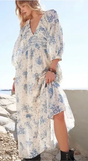 Free People Golden HourCream Maxi Dress with Blue Floral Print thumbnail 1
