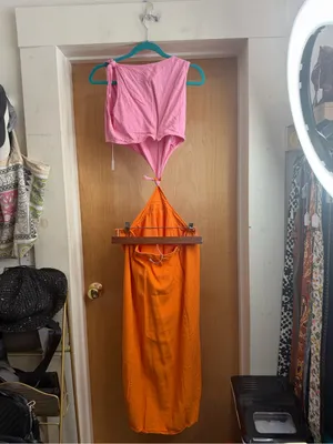 Women’s Linen Blend Colorblock Pink & Orange Sleeveless Maxi Dress. Size: XL thumbnail 4
