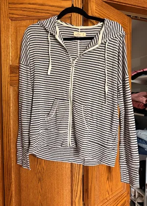 Hollister White and Navy Striped Zip Hoodie thumbnail 1