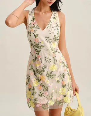 Rihoas Yellow V Neck Floral Sleeveless Mini Dress thumbnail 1