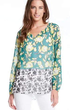 Karen Kane Green/Yellow Citrus Floral Chiffon Peasant Tunic Top SMALL Cottage thumbnail 1