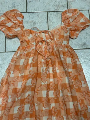 Olivaceous Orange White Floral Check Puff Sleeve Midi Dress Tie Front Size S NWT thumbnail 3