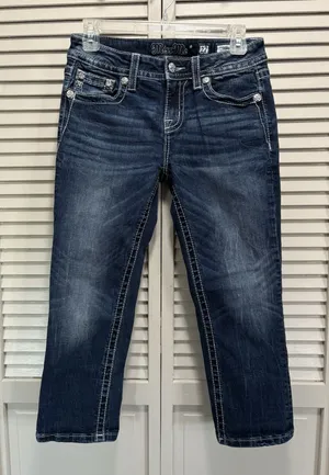 Miss Me Crop Denim Jeans Sequins/Embroidered/Gems Logo‎ Size 27 Western/Boho thumbnail 1