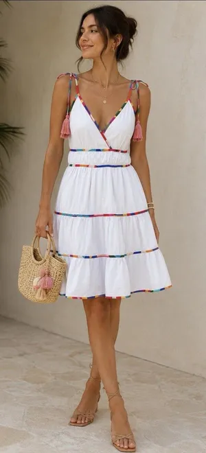 Antonio Melani Keri Tiered Dress White Cotton Rainbow Trim Size 8 Women’s thumbnail 1