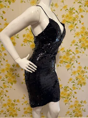 Sequined mini dress black size M Black Sequin V-Neck Lace-Up Short Party Dress thumbnail 3
