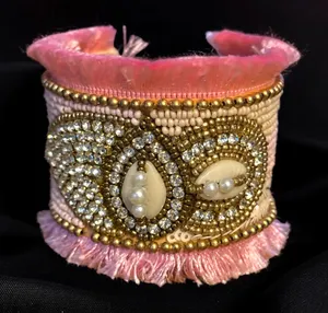 Handmade wide beaded cuff bracelet w/rhinestones and pink fringe thumbnail 1