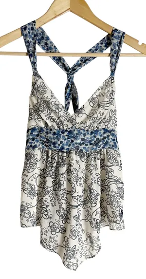 Abercrombie Y2K White Blue Floral Print Twist Back Babydoll Boho Tank Top XS thumbnail 1