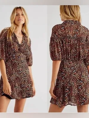Free People Bonnie Mini Dress Size Large Floral Boho Dusk Combo thumbnail 2