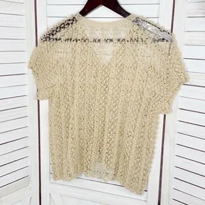 Vintage Boho Crochet Lace Sheer Topper Cardigan Button Up Tan Medium Cottagecore thumbnail 8