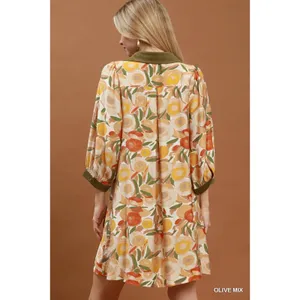 Umgee Mix Floral Contrast Trim Shift Mini Dress - Olive Mix - Medium thumbnail 3