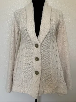 Free People Boho Cream Cable Knit Shawl Cardigan Fringe Wool Blend XS thumbnail 2