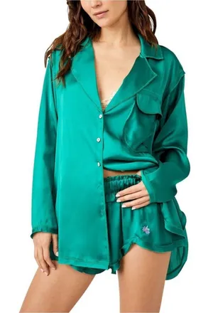 Free People Like Honey Pajamas PJ Top & Shorts Set in Silky Golf Green Sz S 🧡🎀 thumbnail 1