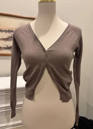 y2k Twenty One Cropped Cardigan Taupe Brown V-Neck Button Up Long Sleeve Sweater thumbnail 1