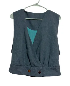 Vintage Wrap Front Cropped Vest Slate Blue Teal Pinstripe Lining Woven Buttons thumbnail 1
