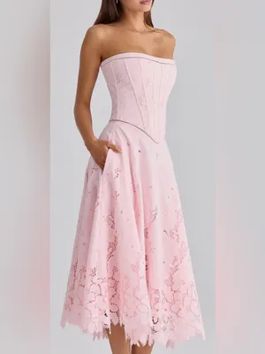 NEW HOUSE OF CB Belissa Strapless Broderie Anglaise Midi Pink Dress sz XS thumbnail 3