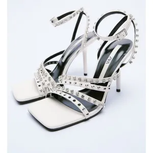 Zara White Leather Studded Embellished Rhinestone Heeled Sandals Women's 41 11 thumbnail 2