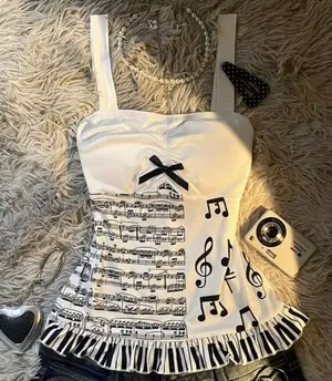 White music note piano key ruffle camisole top thumbnail 1