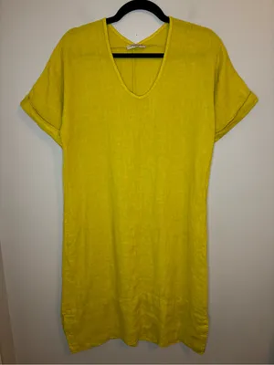 Francesca Bettini Italy 100% Linen Yellow Lagenlook Midi Dress S thumbnail 2
